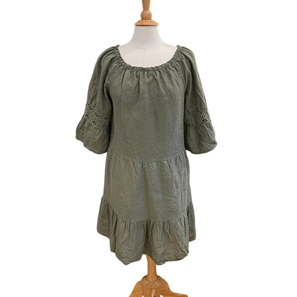 Terzo Millennio Olive Green Italian Linen Dress, Bell Sleeve, Tiered, Ruffle, L